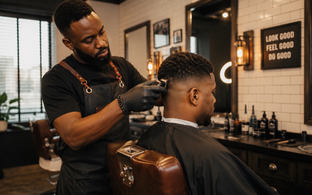 A barber cutting a client in a barbershop