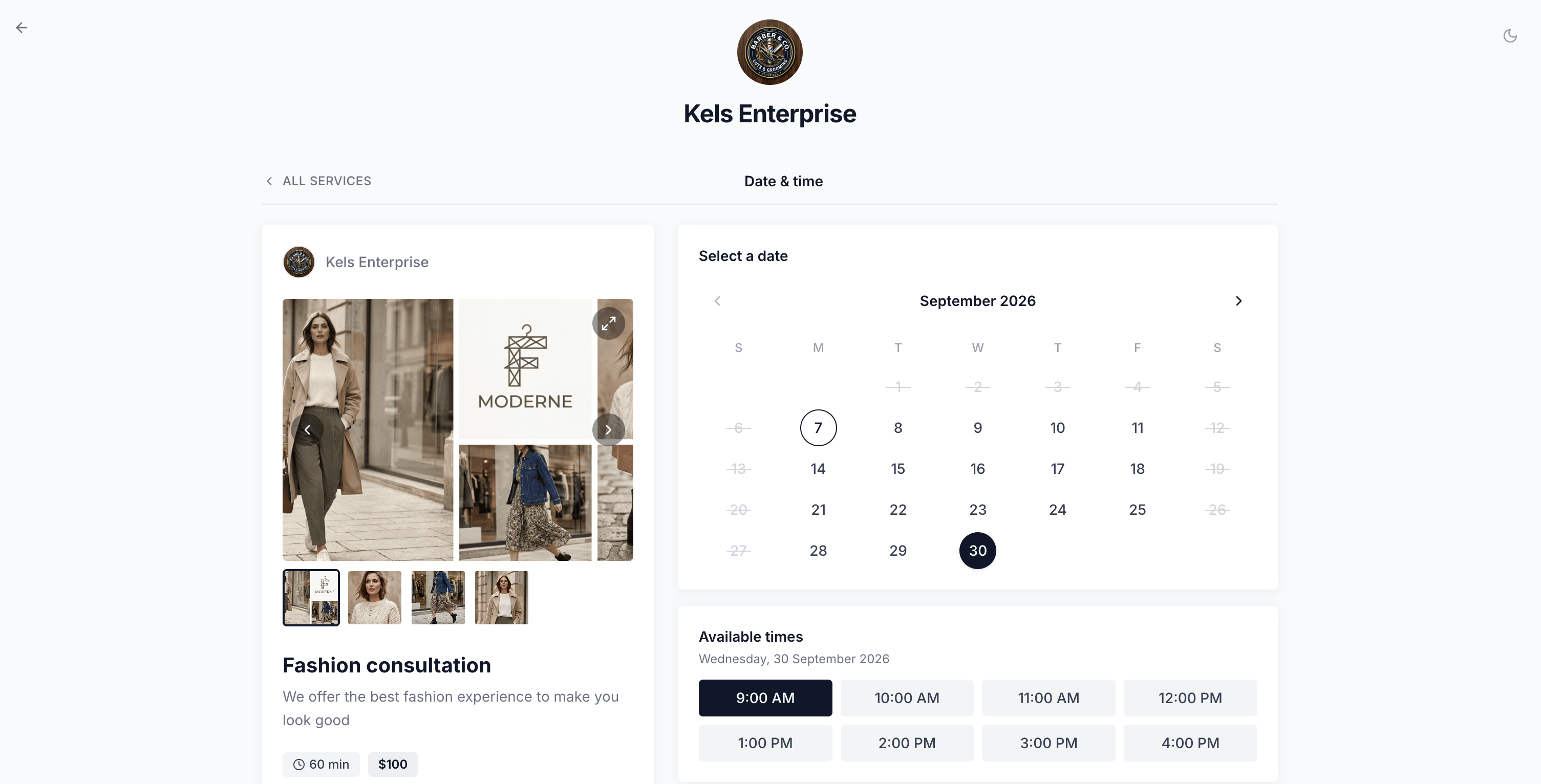 The Calendyfy booking page a customer sees