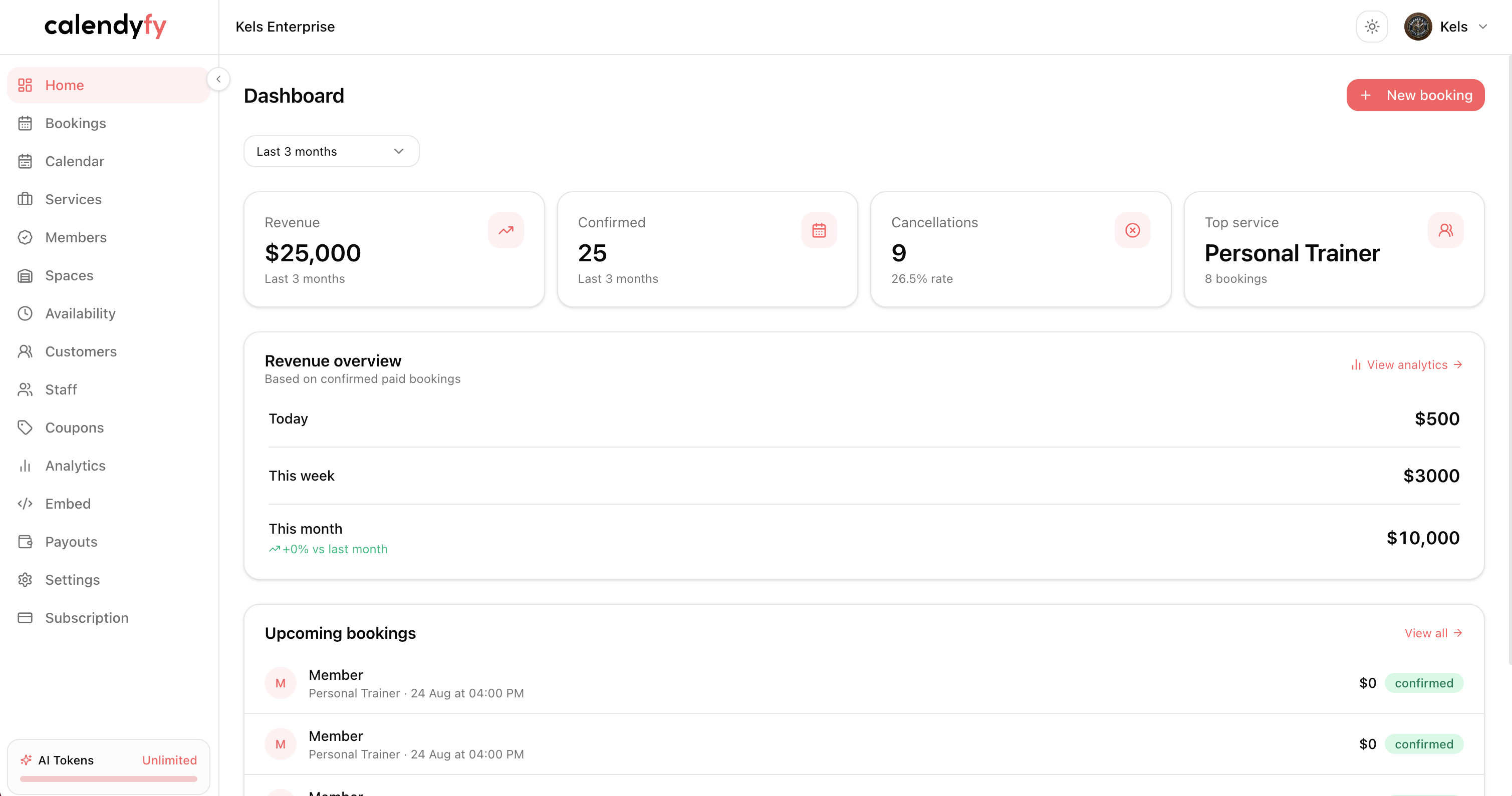 The Calendyfy dashboard showing bookings and revenue